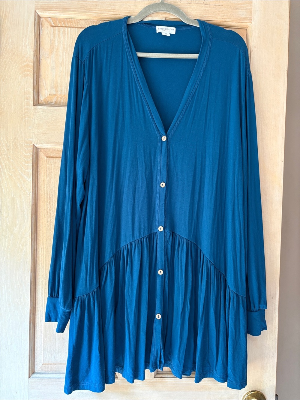 Chic Soul Teal Button-Front V-Neck Long-Sleeve Top 3X